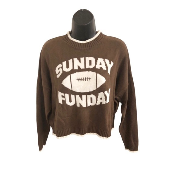 Jessica Simpson brown white trim crewneck Sunday Funday long sleeve sweater szXS - Picture 9 of 12